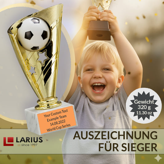 Larius Fußball Pokal S1 in Gold (16 cm, 320 g) – inkl. Marmorsockel