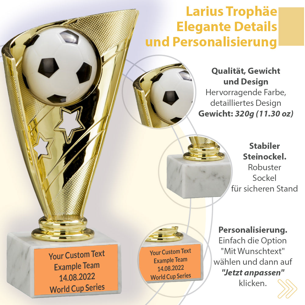 Larius Fußball Pokal S1 in Gold (16 cm, 320 g) – inkl. Marmorsockel