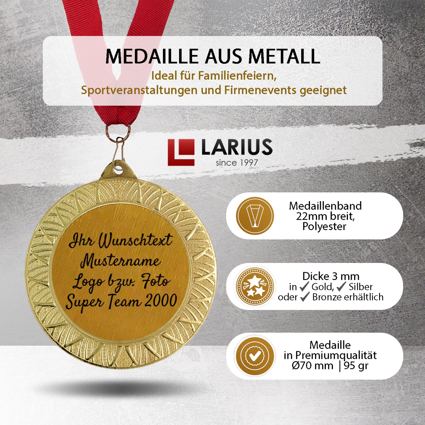 Larius Premium Medaille aus Metall (Ø70 mm, 95 g, 3 mm dick) – mit Wunschtext