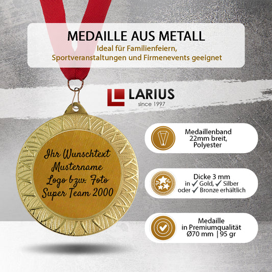 Larius Premium Medaille aus Metall (Ø70 mm, 95 g, 3 mm dick) – mit Wunschtext