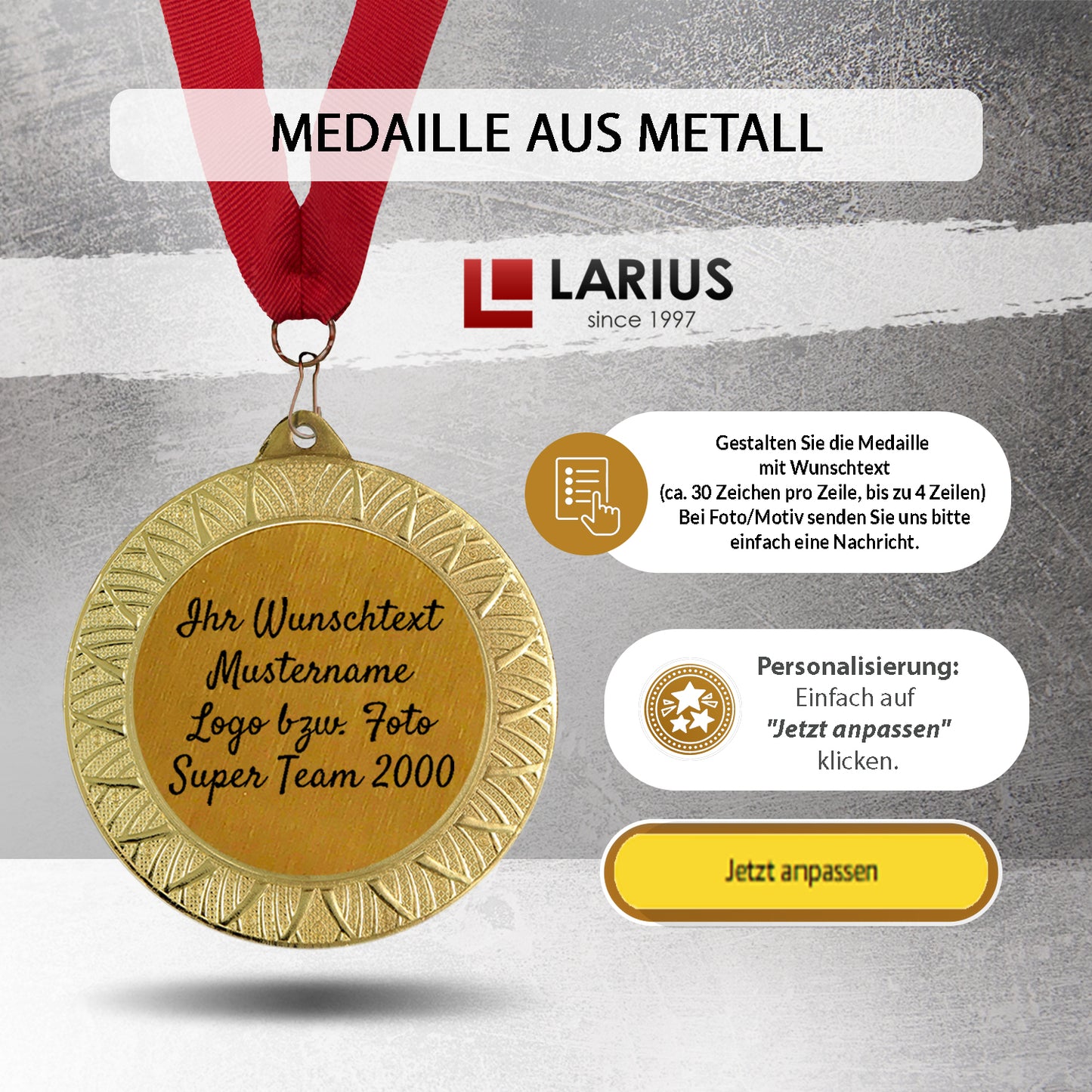 Larius Premium Medaille aus Metall (Ø70 mm, 95 g, 3 mm dick) – mit Wunschtext