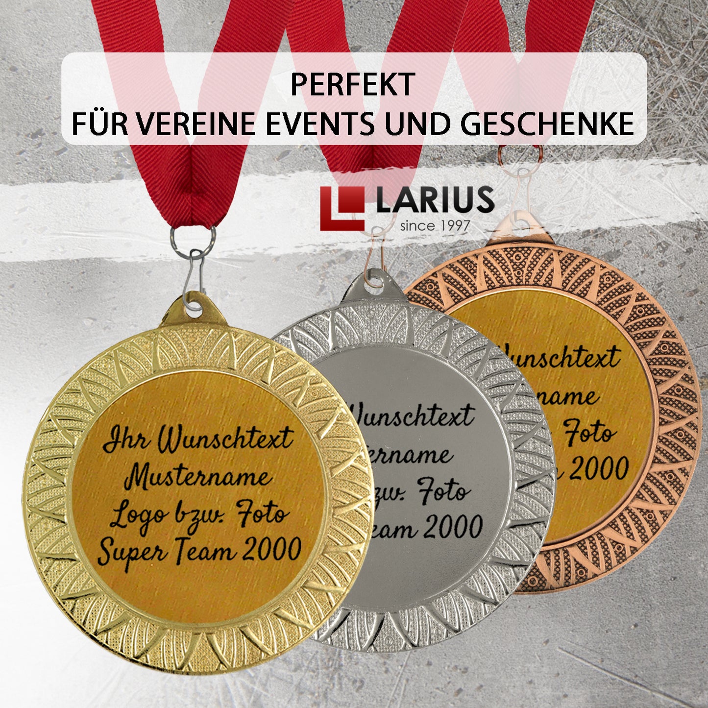 Larius Premium Medaille aus Metall (Ø70 mm, 95 g, 3 mm dick) – mit Wunschtext